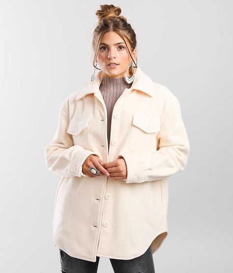 Shinestar Fleece Shacket - Cream Medium, Women's Pearlivory Button down shirt jacket High low hem Side seam pockets Bust measures 42 on size small Body length 27 on size small Model Info: Height: 5'5 | Bust: 34 | Waist: 24 | Hip: 35 | Wearing Size: Medium. Layering piece(s) and/or accessories sold separately.. 100% Polyester. Hand wash cold. Do not bleach. Line dry. Do not iron.. Measurements: Bust -Fullest part of bust with arms at sides. Waist -Circumference of natural waist: above belly butto Cream Shacket Outfit, White Shacket Outfit, Shacket Outfit, Fleece Shacket, Buckle Jackets, Plus Size Winter Outfits, Plus Size Winter, Waist Circumference, Women's Coats & Jackets