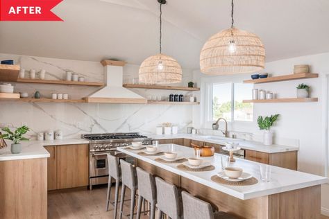 They installed quartz slab walls and countertops that brought texture into the space, then added a few rattan lighting fixtures to complete the beachy feel. Flip Or Flop Kitchen, Flip Or Flop Hgtv, White Marble Backsplash, Beach Theme Kitchen, Tarek El Moussa, Hgtv Kitchens, Flip Or Flop, Neutral Kitchen, Flat Panel Cabinets