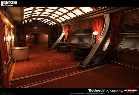 ArtStation - Wolfenstein Youngblood: Zeppelin Living Quarters, Dan Mihaila Wolfenstein Youngblood, Art Deco City, Twisted Ankle, Casino Jackpot, Navi A Vela, Spaceship Interior, Retail Store Interior Design, Set Dressing, Sci Fi Environment