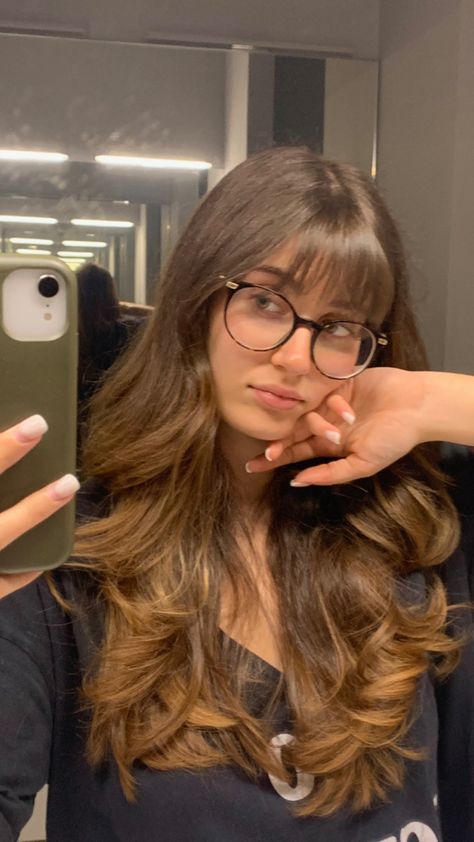 Round Glasses Hairstyle, Long Bangs Glasses, Glasses And Curtain Bangs, Bangs And Hats, Bangs Glasses Round Face, Glasses For Dark Hair, Bangs For Glasses Wearers, Bangs And Glasses Round Face, Fringe And Glasses