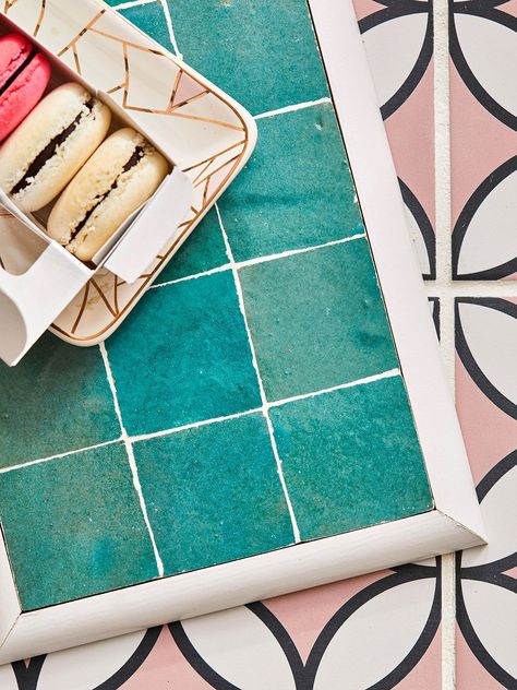 A single tile or portion of a larger mosaic can become a serving tray or trivet with simple woodworking skills. #tileprojects #leftovertile #leftovertileideas #diyhomedecor #bhg Leftover Tile Ideas Diy, Leftover Tile Projects, Leftover Tile, Teal Tile, Diy Serving Tray, Travertine Tiles, Vintage Headboards, Mosaic Tray, Planter Project