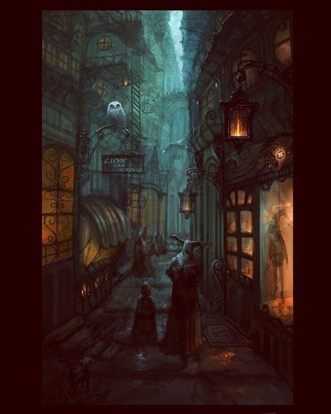 Fantasy Alleyway, Street Alley, Harry Potter Illustrations, Fantasy Rooms, Teal And Orange, Cinematic Lighting, Hogwarts Castle, Potter Art, Harry Potter Pictures