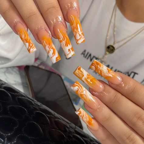 Orange And White Marble Nails, Orange Marble Nails Acrylic, Orange Marble Nails, Yellow And Orange Nails, Marble Nails Acrylic, White Marble Nails, Orange Marble, Miami Nails, Nice Nails