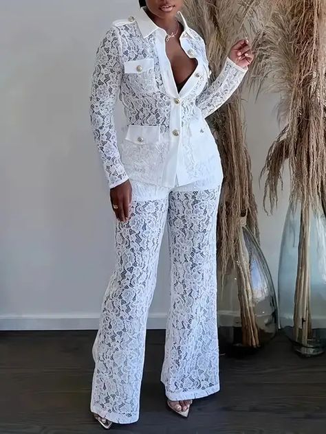 Lace Suit, Shirt Collar Styles, 2piece Outfits, Mode Kimono, Flare Top, Lace Pants, Top And Pants Set, Elegant Shirt, Lace Shirt