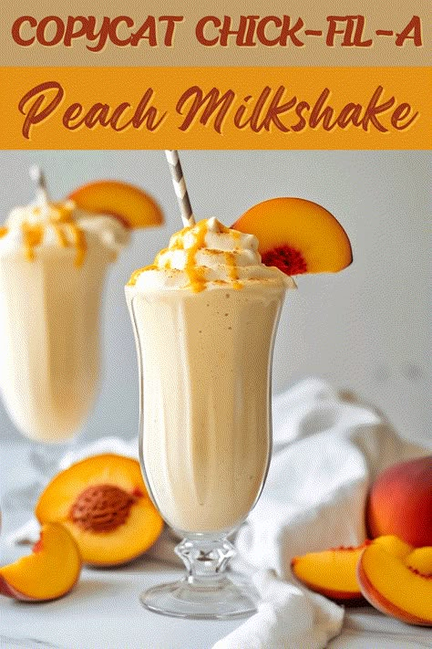 This copycat Chick-fil-A peach milkshake recipe is one of the peachiest treats ever. Made with just three ingredients, it's quick, sweet, and oh-so-fruity. Peach Milkshake Chick Fil A, Copycat Chik Fil A Peach Shake, Chick Fil A Banana Pudding Milkshake, Chick Fil A Peach Milkshake Recipe, Peach Shake Recipe, Peaches And Cream Drink, Peach Drink Recipes, Using Frozen Peaches, Milk Shake Recipes