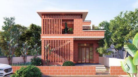 Porotherm Brick House Elevation, Porotherm Brick House, Filler Slab, Exposed Red Brick, Wall Elevation, Brick Houses, Sustainable Construction, Stone Walls, Clay Wall