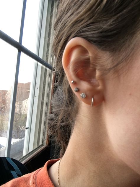 This is my right ear, four lobe piercings Fourth Ear Lobe Piercing, 4 Earlobe Piercings, Quadruple Lobe Piercing, Four Ear Piercings Lobe, Triple Lobe Piercing Ideas Silver, 4 Lobe Piercings Ideas, 4 Ear Lobe Piercings, Ear Piercings Upper Lobe, Upper Lobe Piercing Ideas