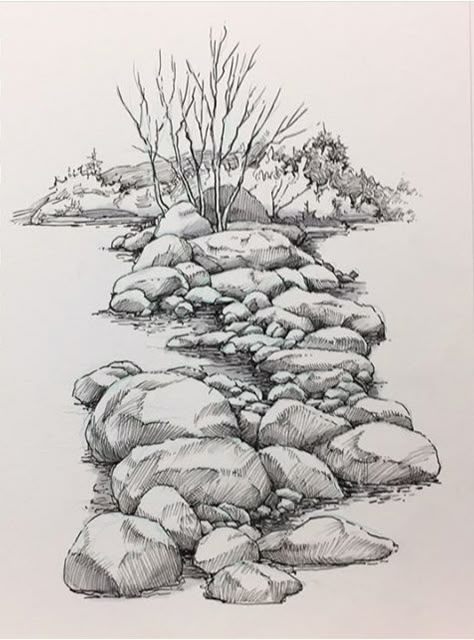 Drawing Rocks, Landscape Pencil Drawings, Landscape Sketch, Drawing Faces, Nature Drawing, Pencil Art Drawings, Landscape Drawings, Urban Sketching, Architecture Sketch