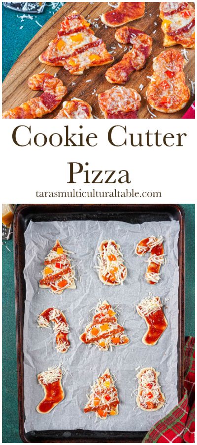 Cookie Cutter Pizza on a wooden board and baking sheet shaped into trees, candy canes, snowmen, and stockings. Star Shaped Pizza, Pumpkin Shaped Pizza Bites, Mini Pizzas With Biscuit Dough, Halloween Pizza Shapes, Mini Heart Shaped Pizza, Cat Shaped Pizza, Pizza Cookies, Individual Pizzas, Halloween Pizza