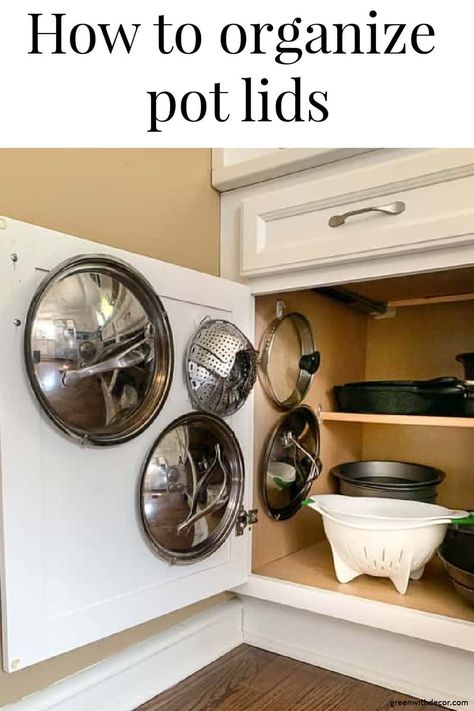 This fast, simple trick is genius if you’re wondering how to organize pot lids to keep your cabinet organized! This is so smart and easy! #greenwithdecor #organize #kitcheno Storage For Pot Lids, How To Store Pot Lids, How To Organize Pot Lids, Diy Lid Holder, Pan Lid Organization, Lid Storage Ideas Diy, Pot Lid Storage Ideas, Organize Pot Lids, Pan Cabinet