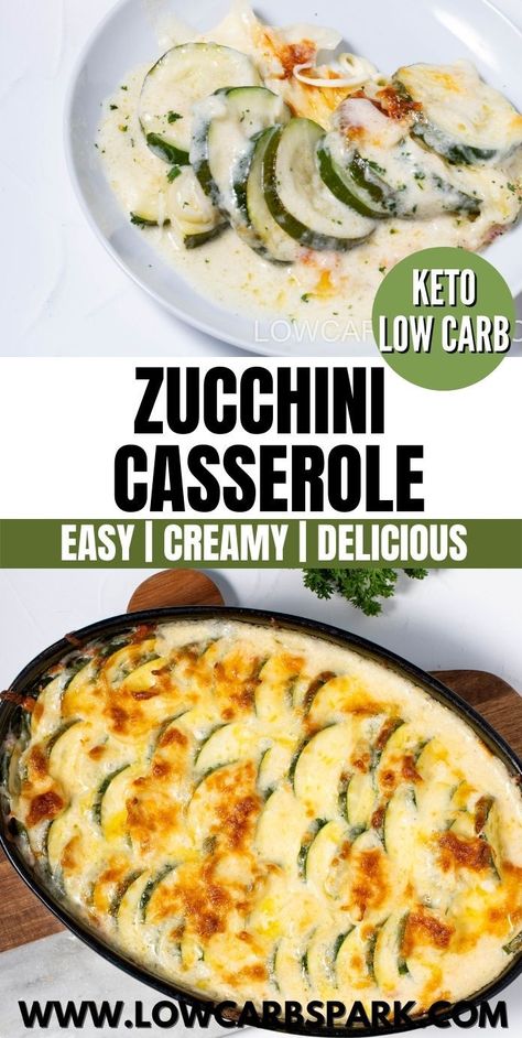 This zucchini casserole is low-carb side dish made with layered sliced zucchini and a creamy parmesan cheese sauce. A delicious baked zucchini gratin recipe comes together in under 40 minutes, and it’s gluten-free and keto-friendly. Cheesy Chicken Zucchini Casserole, Keto Friendly Zucchini Recipes, Loaded Zucchini Bake Keto, Zucchini Casserole Recipe, Keto Zucchini Casserole, Low Carb Zucchini Recipes, Sliced Zucchini, Keto Veggies, Zucchini Recipes Baked