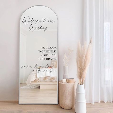 Welcome to our Wedding, you look Incredible Vinyl Decal for Wedding Mirror. Transform your wedding mirror into a stunning focal point with our custom vinyl decal. This elegant script will greet your guests with warmth and set the perfect tone for your special day. Personalized Elegance: Make your celebration uniquely yours by customizing this decal with your name. The delicate script adds a touch of sophistication, creating a memorable entrance for everyone. Mirror Magic: This decal is designed You Look Great Wedding Mirror, Wedding Mirror You Look Great, Diy Mirror For Wedding, Wedding Decals Vinyl Lettering, Tall Mirror Wedding Sign, Full Body Mirror Welcome Sign Wedding, Wedding Picture Mirror, Wedding Vynil Ideas, You Look Incredible Wedding Mirror