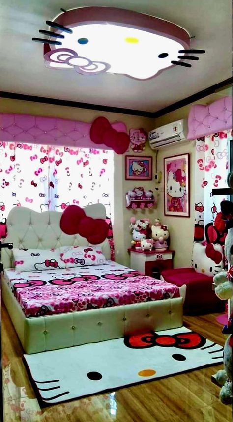 Y2k Hello Kitty Room, Hello Kitty Living Room, Hello Kitty Themed Room, Hello Kitty Home, Spiderman Room Decor, Hello Kitty Appliances, Hello Kitty Room, Sleepover Room, Spiderman Room