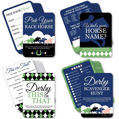 PRICES MAY VARY. Kentucky Horse Derby Gamerific Bundle INCLUDES 4 horse race games with 10 game cards per each game. HORSE RACE GAMES: Guests will have fun playing 4 different horse race games: Pick Your Race Horse, What’s Your Horse Name? Scavenger Hunt and This or That. HOW TO PLAY: Each game card is printed with easy-to-follow game instructions. For added fun, make each game extra competitive by adding a time limit and offering a prize to the winning party guest. HIGH-QUALITY: Kentucky Horse Race Party Games, Horse Race Party, Kentucky Derby Party Games, Derby Games, Horse Racing Party, Horse Race Game, Derby Horse, Race Party, Horse Names