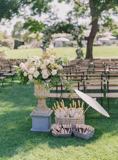 Outdoor Wedding Ceremony Decorations Aisle Benches, White Umbrellas Wedding, Vintage Garden Party Wedding, Ceremony With Umbrellas, Garden Wedding With Umbrellas, Wedding Ceremony Parasols, White Sun Umbrella Wedding, Outdoor Wedding Aisle Ideas, Wedding Ceremony Garden