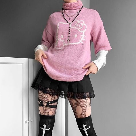 Aesthetic Pink White Black Hello Kitty Clothes Cute Pretty Grunge Fashion Clothes Outfits Skirt Sweatshirt Dark Girly Trendy Emo Soft Hello Kitty Grunge, Sanrio Outfits, Black Hello Kitty, Egirl Style, E Girl Outfits, Egirl Outfits, Pastel Goth Fashion, Alt Outfits, Grunge Dress