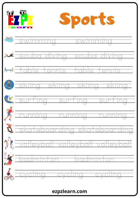 Sports Set1 Word Tracing Worksheet Summer Training White Sports Bra, Sport Worksheets For Preschool, Sports Worksheets Preschool, Sports Writing Activities Preschool, Sports Writing Example, Sports Worksheets For Kids, Holiday Word Search, Spring Science, Printable Sports