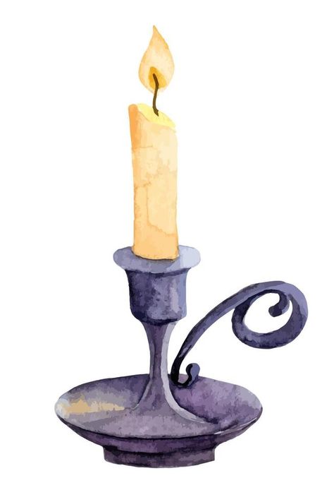 Watercolor Vintage Candlestick with yellow Candle with light orange Light. Hand drawn vector Illustration of Candlelight. Isolated object on white background for or Christmas, Halloween or New Year Vintage Candle Drawing, Light Watercolor Painting, Watercolor Candles Painting, Cookie Drawing Easy, Candle Reference, Drawing Candles, Candles Illustration, Watercolor Candle, Candle Sketch