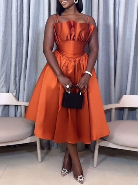 Pleated Waist Dress, Different Necklines Dresses, Fitting Dresses Classy, Orange And Red Outfit, Medium Length Dresses, Simple Dinner Dress, Flare Dresses For Women, Types Of Pleats, Banquet Dress