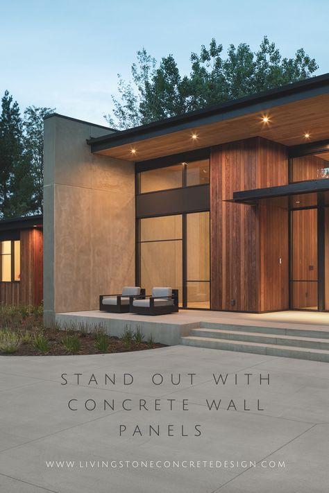 Concrete cladding on a modern home under a cotton candy sky. Concrete wall cladding provided by Living Stone Concrete Design. The text on the page reads "Stand out with concrete wall panels" Concrete Cladding Exterior, Concrete Fence Wall Modern, Concrete Wall Exterior, Cement House Design, Concrete Homes Exterior, Concrete Panel Facade, Concrete Exterior House, Concrete Fence Wall, Concrete Cladding