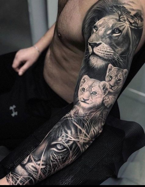 Lion Cub Tattoo, Cub Tattoo, Lion Arm Tattoo, Lion Shoulder Tattoo, Tiger Eyes Tattoo, Scenery Tattoo, Revelation Tattoo, Tiger Tattoo Sleeve, Tattoo Tiger