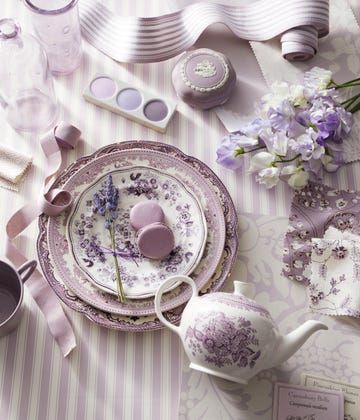 lavender-color Benjamin Moore Linen White, Purple Tea Cups, Best White Paint Colors, Purple Tea, Purple Plates, Soft Summer Color Palette, Crockery Design, Tea Party Table, Best White Paint