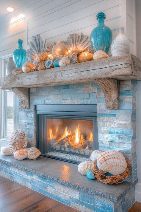 29 Contemporary Mantle Ideas To Make Your Fireplace Shine - Courtneys World Beach House Fireplace Ideas, Contemporary Mantle, Nautical Fireplace, Driftwood Mantle, Coastal Mantle, Coastal Fireplace Ideas, Coastal Mantle Decor, Fireplace Hearth Decor, Corner Fireplace Makeover