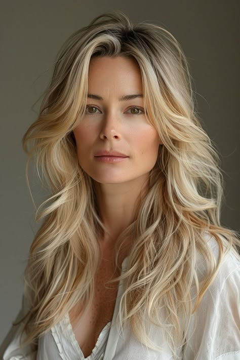 Illuminate your locks with ash blonde layers, radiating sophistication and modernity with its cool-toned hues and multi-dimensional depth, adding a touch of elegance to your overall appearance. Click for more! Blonde Hairstyles For Women In 40s, Average Blonde Woman, Blonde Actresses Over 40, Middle Aged Blonde Woman, Blonde Woman In Her 40s, Asymmetrical Pixie Cuts, Wavy Lob, Blonde Layers, Tousled Waves