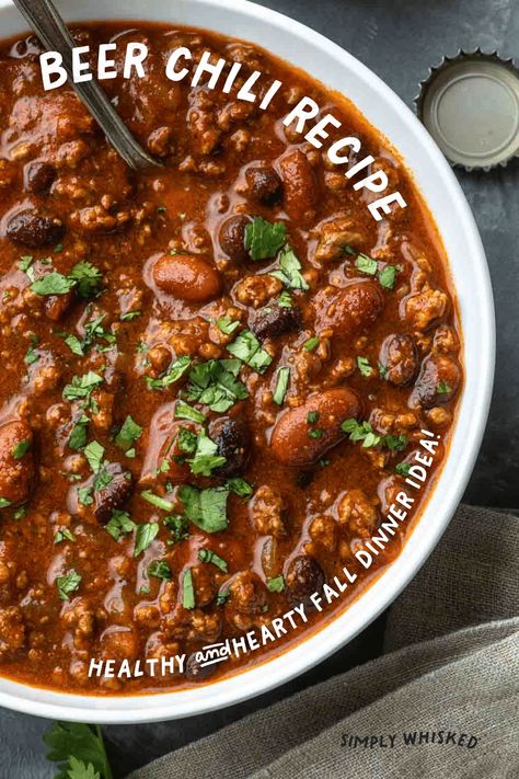 This easy beer chili recipe is made with hearty beef seasoned with a blend of spices and simmered with tomatoes, beans and pumpkin beer. It's perfect for game day meal or a quick weeknight dinner. Either way, you'll love it. Slow Cooker Chili With Beer, Bourbon Chili Recipe Crockpot, Boston Beer Chili By 12 Tomatoes, Beer Chilli Recipes, Beef And Beer Chili, Chili Recipe Crockpot With Beer, Chili Made With Beer, Chili With Beer Recipe, Beer Chili Recipe Crockpot