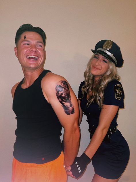 Police Offer Costume, Police And Convict Costume, Couple Halloween Cop And Inmate, Cop And Convict Couple Costume, Police Officer Costume Couple, Police Officer And Prisoner Costume Couple, Cops Robbers Costume, Homemade Cop Costume, Cop Costume Makeup