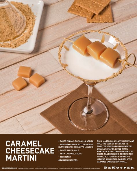 Cheers to an extra happy hour this fall with a Caramel Cheesecake Martini. All you need is three ingredients: Pinnacle® Vanilla Vodka, DeKuyper® Buttershots® Butterscotch Schnapps Liqueur and Half & Half. Optional garnish with Caramel Sauce, Honey and Graham Crackers. Cheesecake Martini, Caramel Rolls, Christmas Drinks Alcohol, Booze Drink, Martinis Drinks, Party Cocktails, Martini Recipe, Caramel Cheesecake, Vanilla Vodka