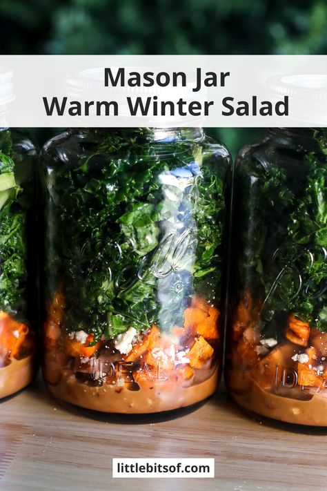 Mason Jar Warm Winter Salad - Little Bits of... Kale Salad In A Jar, Warm Winter Salad, Fiesta Salad, Salad Jar Recipe, Massaged Kale, Chicken Apple Sausage, Wedge Salad, Apple Sausage, Warm Salad