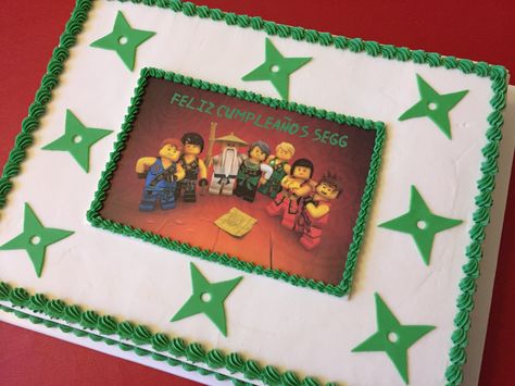 Ninjago sheet cake with edible image and fondant ninja stars. Cake With Edible Image, Ninja Kidz, Ninja Stars, Ninja Star, Edible Images, Sheet Cake, Bday Ideas, Fondant, Cake