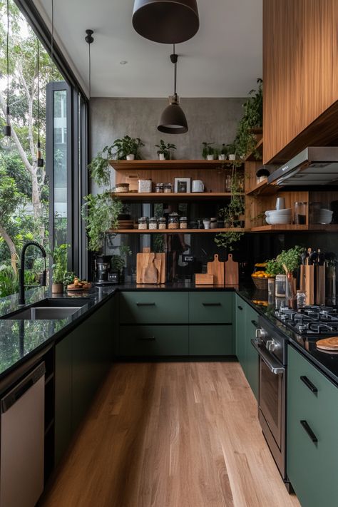 Why Not Try Stylish Green Kitchen Cabinets for Your Next Remodel? – Everyday Inspo U Shaped Kitchen Green, Green Aesthetic House Design, Kitchen Inspo Green Cabinets, Wood Cabinets Green Countertops, Aesthetic Kitchen Green, Modern Kitchen Cabinet Design Green, Green Tone Kitchen, Green Kitchen Wood Floor, Aesthetic Green Kitchen