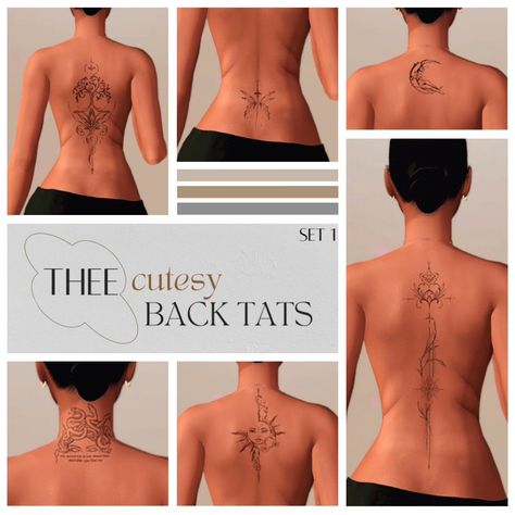 Thee Cutesy Collection: Set 1 | Thee Cutesy Back Tats | Patreon Free Patron Sims 4 Cc, Sims 4 Cutesy Cc, Sims 4 Body Piercings Cc, Sims 4 Back Tattoo Cc, Ts4 Cas Cc, Back Tats, Sims 4 Tattoos, Sims 4 Challenges, Sims 4 Cas Mods