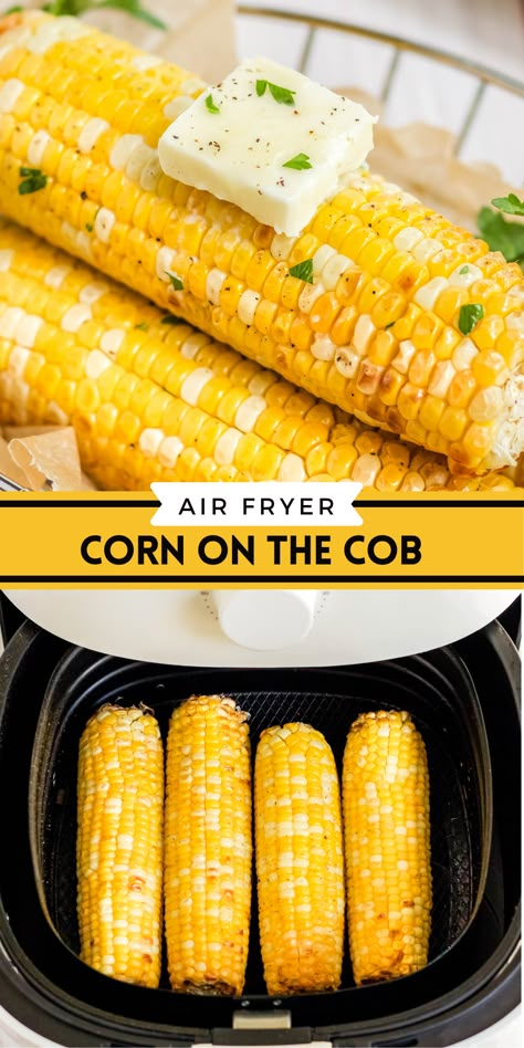 Air Fryer Corn on the Cob tastes just as good as grilled corn does, and it's a real time saver! You can have this roasted side dish on the table in no time. #cornonthecob #cookingcornonthecob #howtocookcornonthecob #airfryerecipe #airfryercornonthecob #roastedcornonthecob #cornonthecobrecipe Ninja Foodi Corn On The Cob, Air Fryer Sweet Corn, Air Fry Corn On The Cob, Air Fryer Corn On The Cob, Air Fried Corn, Air Fryer Corn, Air Fryer Veggies, Cook Corn, Air Fryer Vegetables