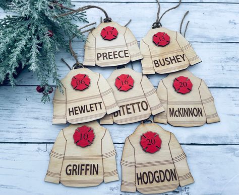 Glowforge Christmas Gifts, Firefighter Ornament, Laser Ornaments, Firefighter Retirement Gifts, Firefighter Jacket, Laser Products, Laser Christmas, Firefighter Retirement, Laser Crafts