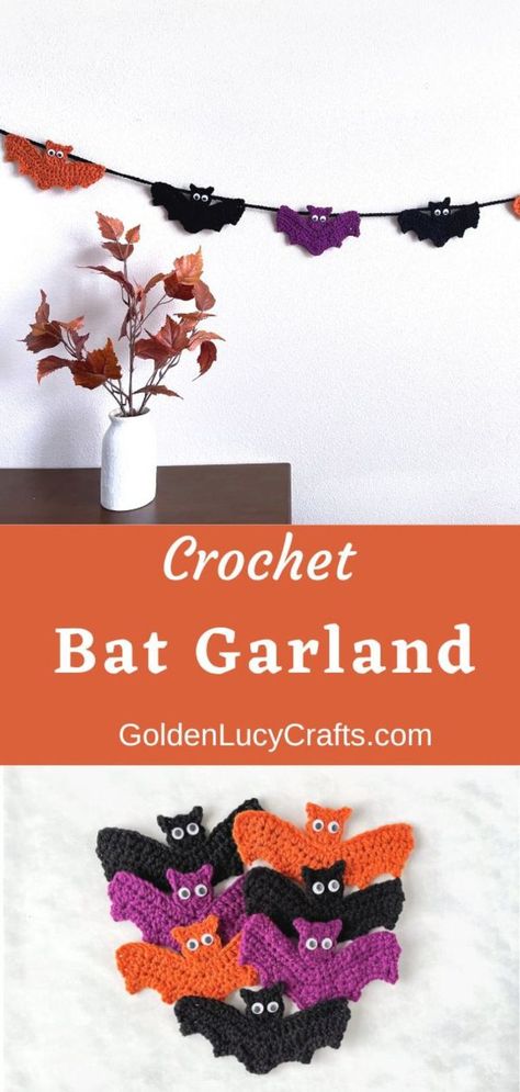 Crocheted bat garalnd for Halloween. Bat Garland, Crochet Halloween Decorations, Crochet Bat, Crochet Bunting, Crochet Garland, Fall Crochet Patterns, Crochet Halloween, Halloween Garland, Halloween Crochet Patterns