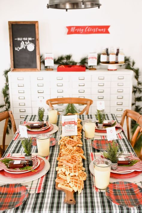 Kara's Party Ideas Christmas Holiday Waffle Bar with FREE Printables! | Kara's Party Ideas Christmas Brunch Decor, Brunch Decor Ideas, Brunch Christmas, Christmas Waffles, Pancake Bar, Party Ideas Christmas, Beautiful Brunch, Christmas Pajama Party, Pancake Party