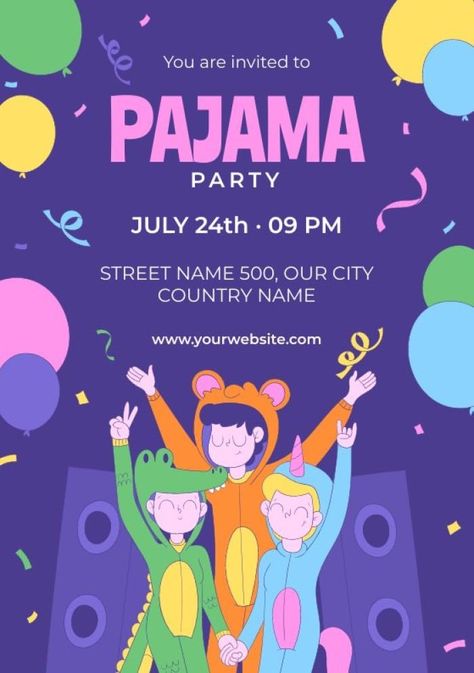 Hand-drawn Child-like Animals Pajama Party Invitation Pajama Party Invitations Template, Kids Pajama Party, Pajama Party Invitations, Party Poster Background, Animal Pajamas, Class Decoration, Brand Kit, Party Poster, Like Animals