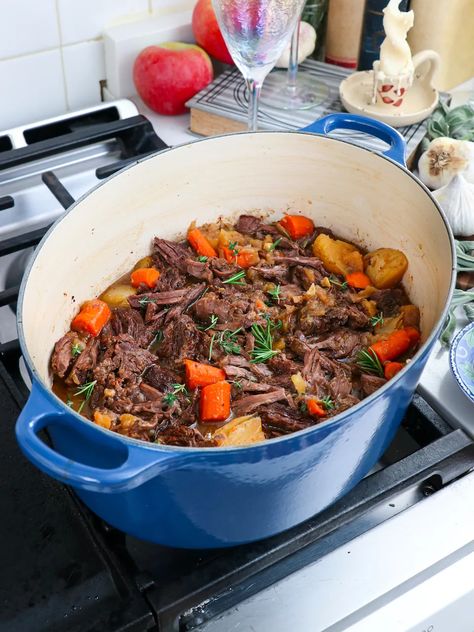 Apple Cider Braised Beef Pot Roast Autumn Pot Roast, Slow Cooker Apple Cider, Leftover Pot Roast, Spring Mix Salad, Beef Pot Roast, Roasted Apples, Beef Roast, Weekly Meals, Slow Cooked Beef