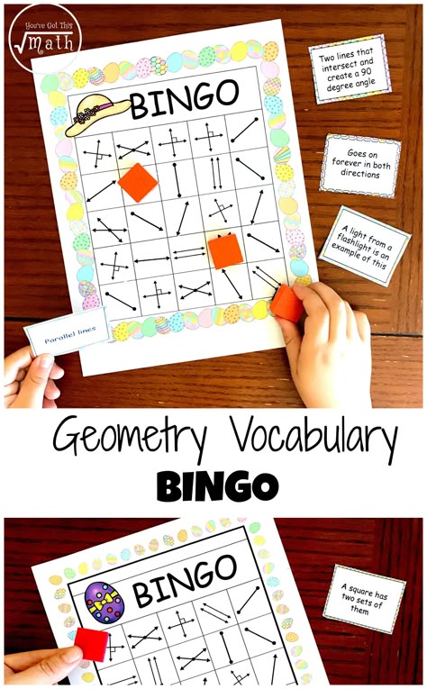 This free Geometry Bingo will help your students learn all about lines, rays, line segments, parallel lines, and perpendicular lines. Geometry Games, Geometry Vocabulary, Perpendicular Lines, Teaching Geometry, Geometry Activities, Math Activities For Kids, Parallel Lines, Math Projects, Math Methods