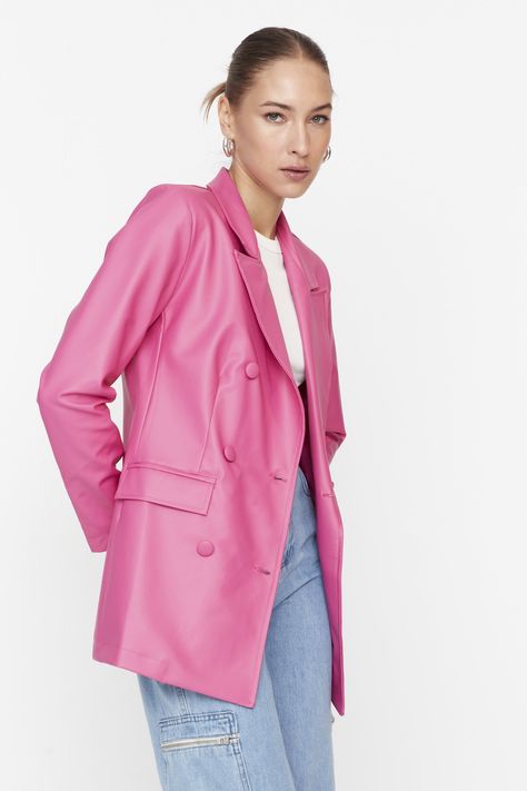 Trendyol Collection Blazer - Pink - Regular - Trendyol Leather Blazer Outfit, Leather Blazer Women, Jacket Outfit Women, Jean Jacket Vest, Stylish Blazer, Blazer Jackets For Women, Boucle Jacket, Blazer Outfit, Blazer Shirt