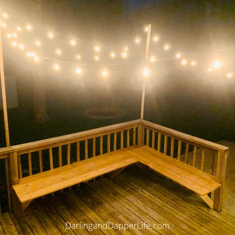 Diy Deck Seating Ideas, Deck Corner Bench, Back Deck Diy Ideas, Bench Built Into Deck, Deck With Benches Seating, Small Deck With Bench Seating, Corner Bench Seating Outdoor, Built In Patio Bench Seating, Deck Bench Seating Diy