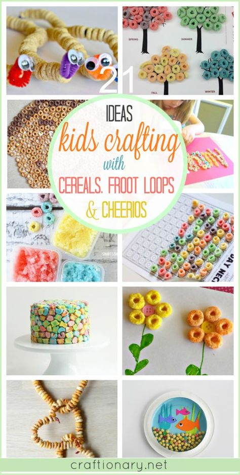 Kids crafting ideas using cereals, froot loops and cheerios that involve interactive learning with fun Kids Crafting Ideas, Kids Cereal, Fine Motor Skills Activities, Kids Crafting, Fruit Loops, Popsicle Stick Crafts, Crafty Kids, Toddler Fun, Food Crafts