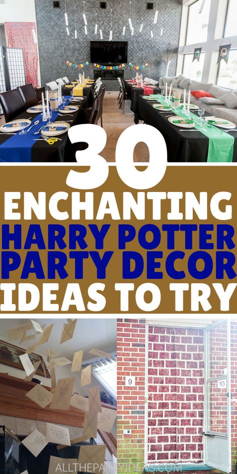 Best HARRY POTTER PARTY DECORATIONS and supplies for birthdays, baby showers, weddings, bridal showers, Halloween or other celebrations. Magical themed decor and ideas for food, desserts and sweets, games, and other components of your party that are easy and simple to DIY that kids both boys and girls, teens, and adults will enjoy. Tons of free printables to keep cheap on a budget #harrypotter #harrypotterparty #partydecorationideas Diy Harry Potter Party Decorations, Adult Harry Potter Party, Harry Potter Party Decorations Diy, Harry Potter Party Decor, Harry Potter Birthday Decorations, Harry Potter Table, Harry Potter Party Games, Harry Potter Marathon, Harry Potter Party Decorations