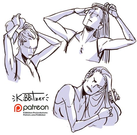 Stepping Back Pose Reference, Brushing Hair Pose Reference Drawing, Concerned Drawing Reference, Combing Hair Illustration, Eating Lollipop Pose Reference Drawing, Doing Hair Reference, Pulling Hair Back Reference, Pulling Hair Up Drawing Reference, Fixing Hair Pose Reference