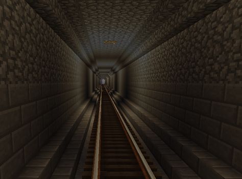 Minecraft Workshop Design, Minecraft Subway Station Ideas, Railroad Minecraft Ideas, Minecraft Viaduct, Minecart Tunnel Minecraft, Minecraft Subway Station Entrance, Minecraft Train Station Underground, Minecraft Subway Entrance, Underground Railroad Minecraft