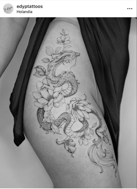 @edyptattoos on instagram #dragontattoo #dragon #flowerstattoo #floraltattoo #tattoo #girldragontattoo #tattooidea #finelinedragon Dragon Tattoo Hip, Dragon Tattoo With Flowers, Empowerment Tattoo, Flower Hip Tattoos, Hip Thigh Tattoos, Dragon Tattoo Art, Knot Tattoo, Dragon Tattoo For Women, The Girl With The Dragon Tattoo