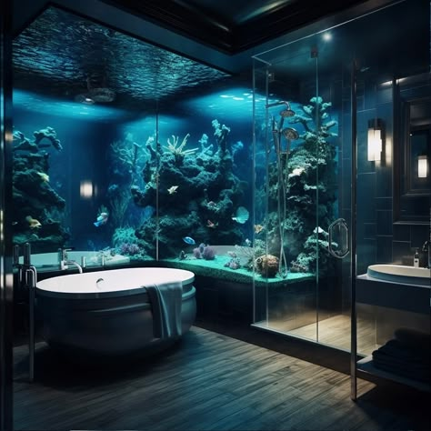 Aquarium Interior Design Inspiration - Alligator Media Large Home Aquarium, Luxury Home Aquarium, House With Aquarium, Aquarium In Bathroom, Giant Aquarium In House, Large Aquarium In Living Room, Big Home Aquarium, Underwater Interior Design, Aquariums In Homes